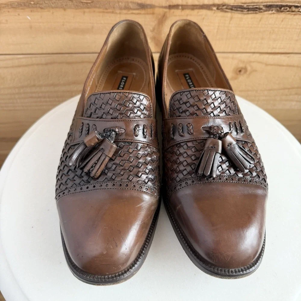 Florsheim Dress Shoes Loafers‎ 9.5D Basket Weave Tassle Brown Luxury Old Money